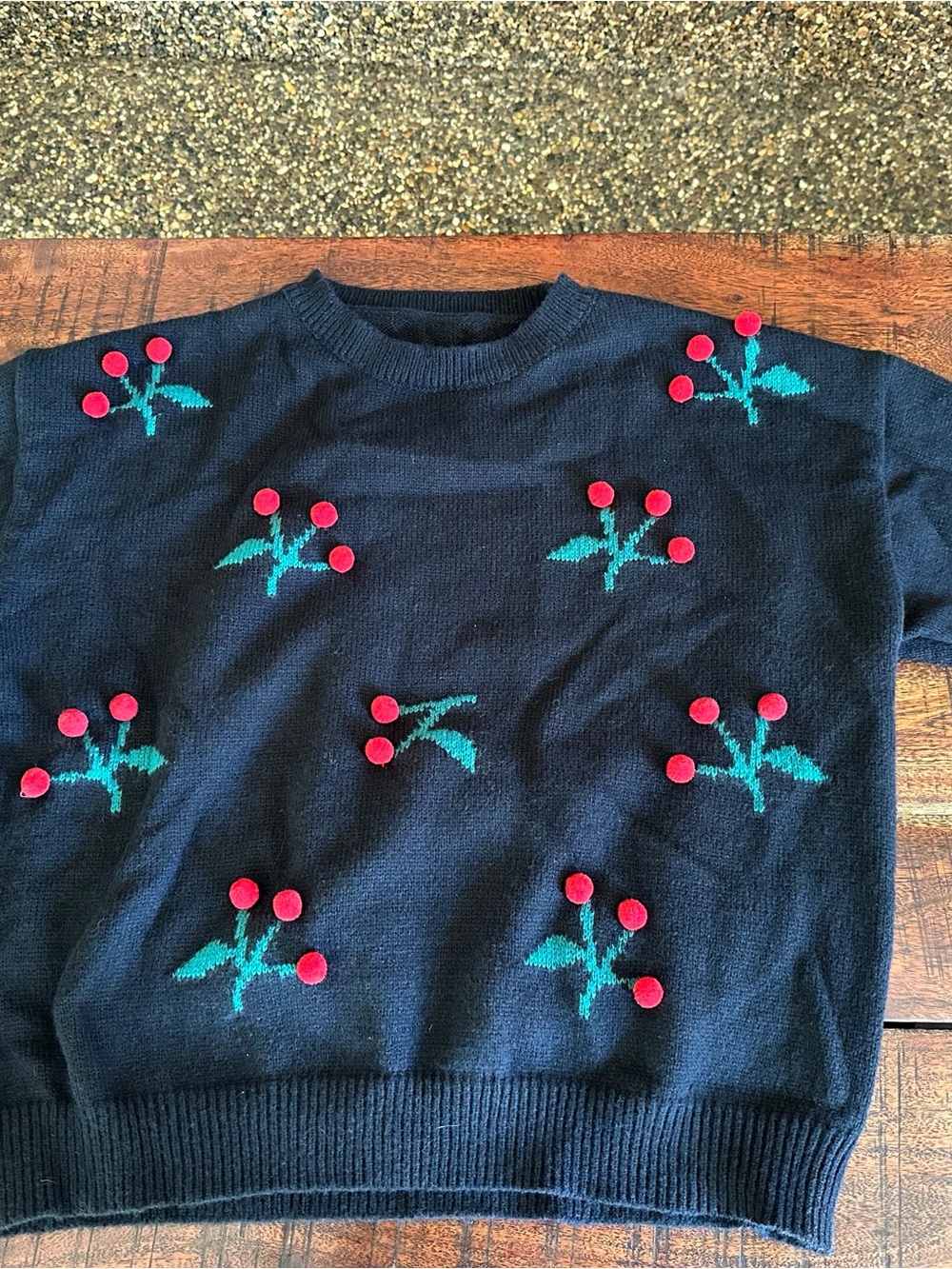 Black Pom Pom Cherry Embellished Crewneck Sweater - Women